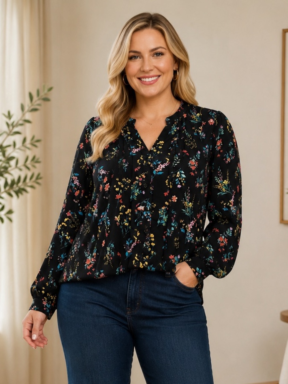 Joan Rivers Pintuck Split V Button-Front Georgette Blouse size L new A723840